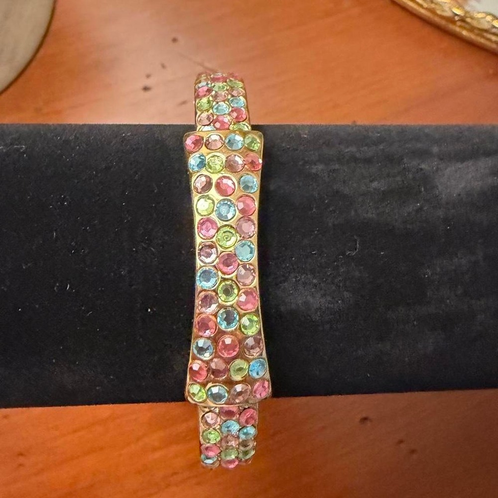 Vintage Gold Tone Multi Color Rhinestone Bangle Bracelet Wide Statement Cuff